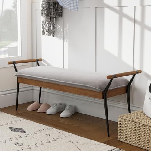 LukeAlon Modern Chenille Ottoman Bench with Arms & Metal Legs, Grey