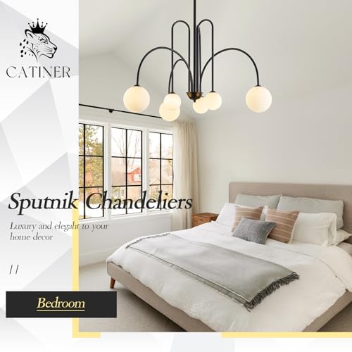 CATINER Modern 40" 6-Light Black Sputnik Chandelier with Milk Glass Globe