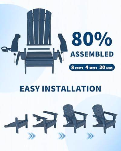 HDPE Folding Adirondack Chair Set of 2 with Side Table, Navy Blue