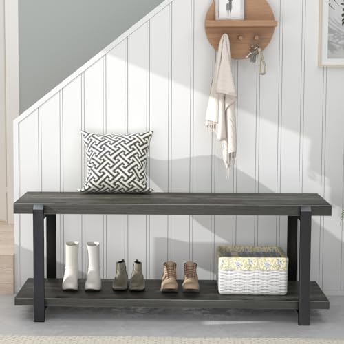 EXCEFUR Industrial Entryway Bench with Storage, Rustic Wood and Metal Shoe Ra...
