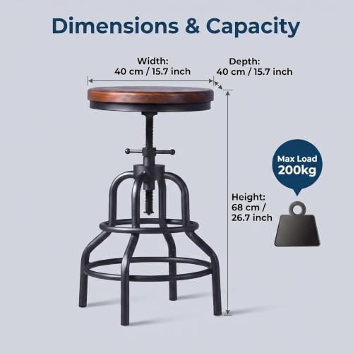 Industrial Bar Stools, Screw Twist Height Adjustable Counter Stool with Round...