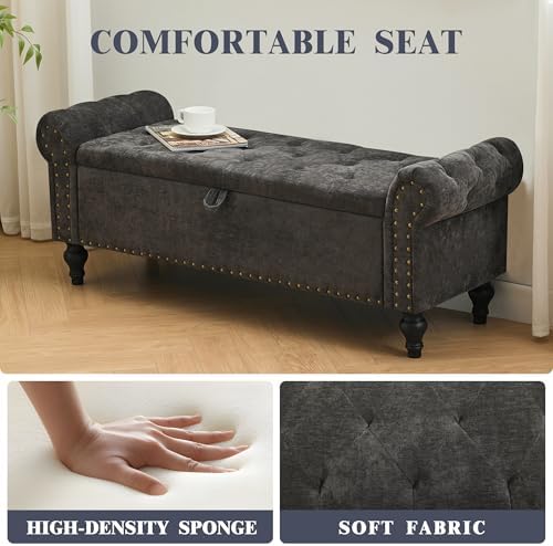 51" Storage Bench for Bedroom, Upholstered Ottoman Bench, Chenille DarkGray