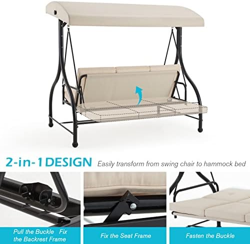 AECOJOY 3-Seat Outdoor Patio Swing With Canopy, Converting Porch Hammock, Adj...