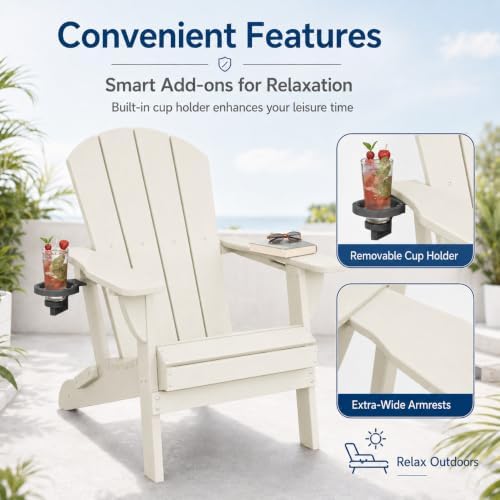 Folding Adirondack Chairs Set of 2 with Cup Holder, Heavy Duty HDPE Plastic O...