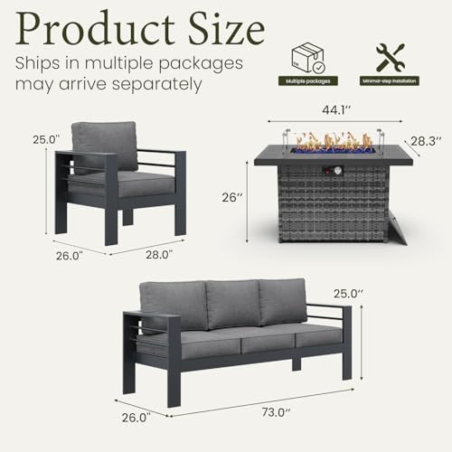 LayinSun Aluminum Furniture Set with Fire Pit Table, 4 Pieces Patio Sectional...