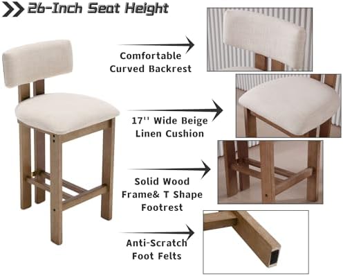 HNY 26’’ Tall Farmhouse Bar Stools Set of 2, Modern Counter Stools with Backs...