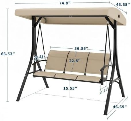 GarveeLife 3-Seat Patio Swing Chair, Outdoor Porch Hanging Chairs with Adjust...
