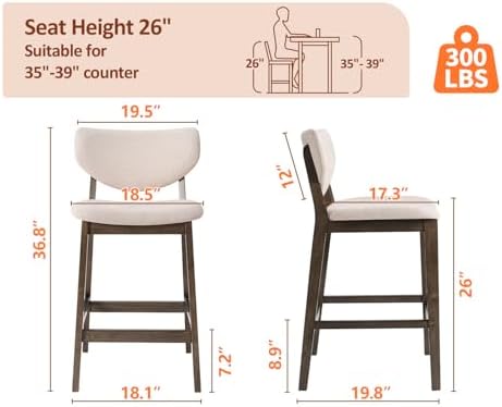 PrimeZone 26 Inch Kitchen Counter Height Barstools Set of 2, Walnut & Beige
