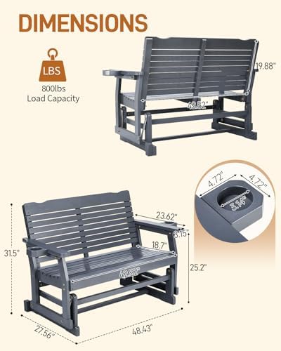 Outvita Patio Glider with Cup Holders, Wooden Outdoor Glider Bench with High ...