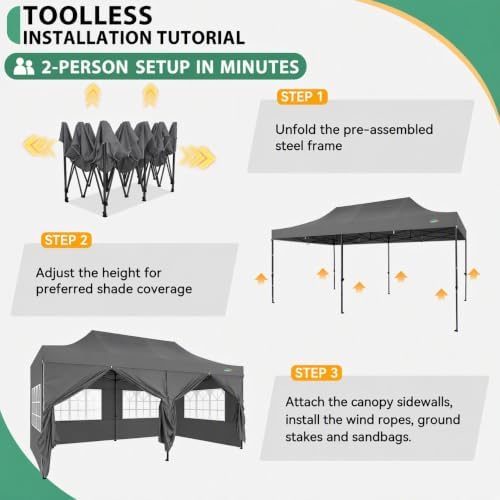 COBIZI 10x20 Heavy Duty Pop Up Canopy Tent with 6 Sidewalls, Gray