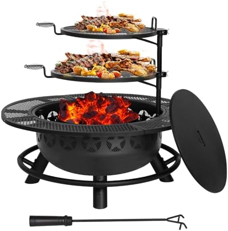 Hykolity 35 Inch Fire Pit with 2 Cooking Grate & Charcoal Pan, Outdoor Wood Burning BBQ Grill Firepit Bowl with Cover Lid, Steel Round Table for Backyard Bonfire Patio Picnic