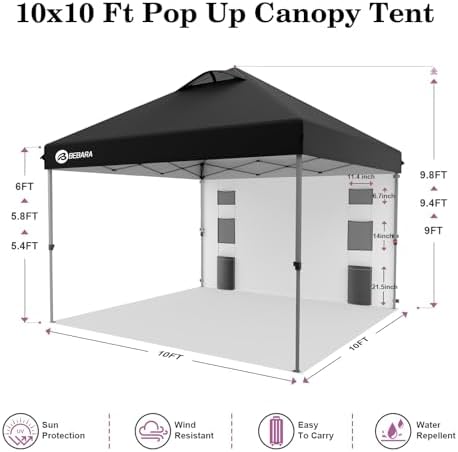 10x10 Pop Up Canopy with Sidewall, One Push Easy Setup, Black