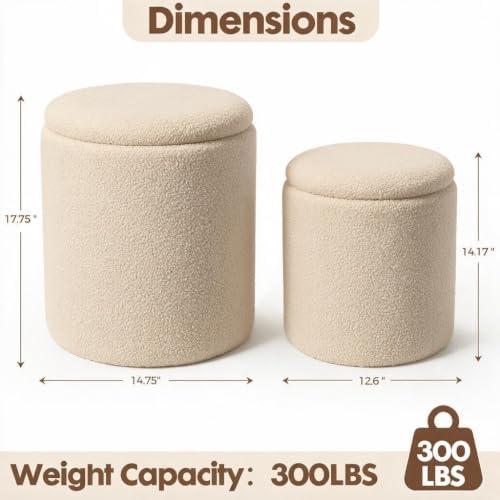 YYW HOME Round Storage Ottoman for Living Room, Beige Ottoman Set of 2
