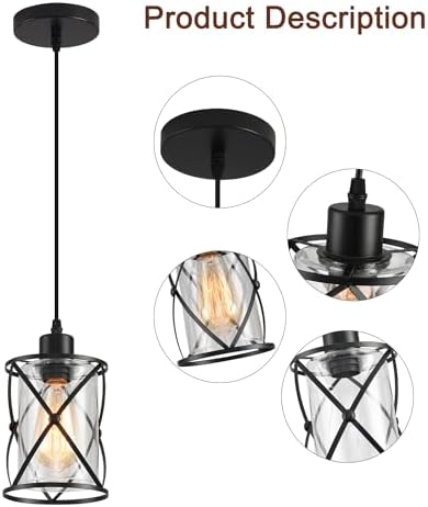 3 Lights Industrial Pendant Light with Glass Shade Matte Black Pendant Lighti...