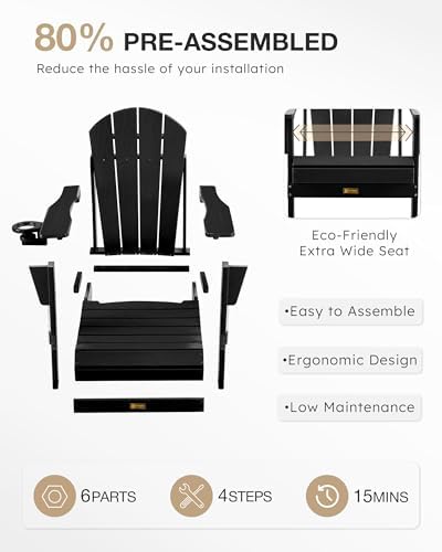 Folding Adirondack Chair, Wood Texture, Weather Resistant(Black)