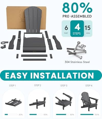 SERWALL Folding Adirondack Chair with Cup Holder Set of 2, Fire Pit - Gray