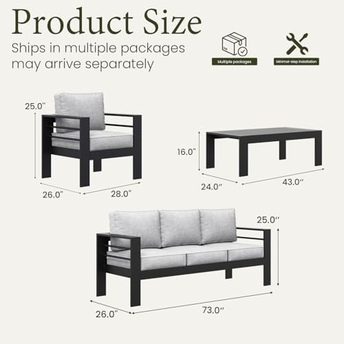 LayinSun Outdoor Aluminum Furniture Set, 4 Pieces Patio Sectional Conversatio...