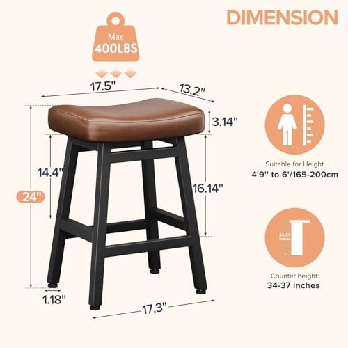 Raynesys 24 Inche Bonded Leather Counter Height Bar Stools Set of 2 Curved