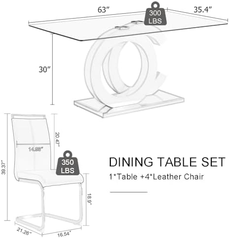 63'' Dining Table Set for 4, Modern Glass Dining Room Table Set for 4...