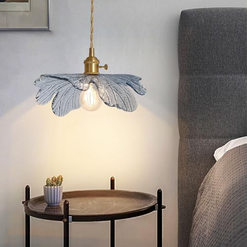 Vintage Glass Pendant Light Gold Brushed Brass Hanging Light with Blue Flower...