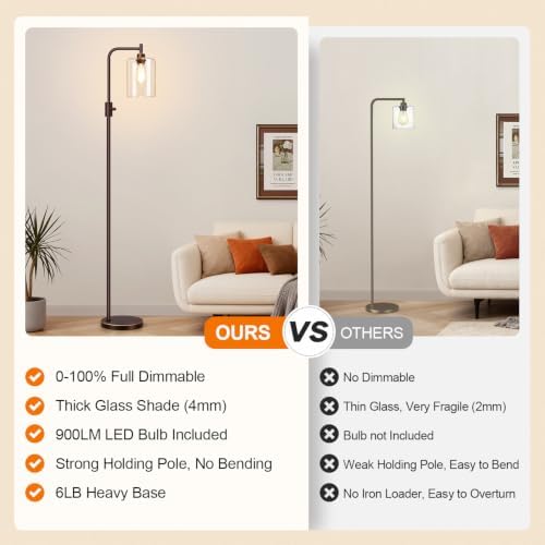 【Upgraded】 Dimmable Floor Lamp for Living Room with Glass Lampshade, Brown wi...