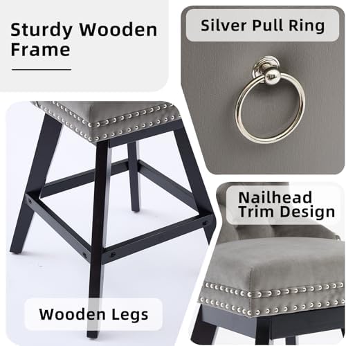 Grey Velvet Bar Stools Set of 2, 26" Swivel Counter Height Chairs