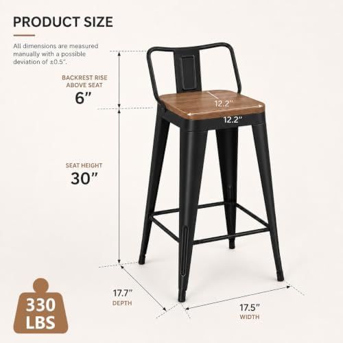 Yongchuang Metal Bar Stools Set of 4, 30" Black Bar Height Stools with Back