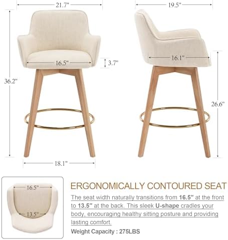 ONEVOG Swivel Counter Height Bar Stools with Backs, Natural Solid Wood Legs