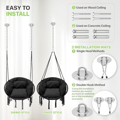 Magshion Macrame Hanging Hammock Chair with Cozy Full Cushion, Black