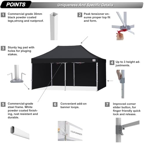 ABCCANOPY Commercial Pop Up Canopy Tent with Sidewalls 10X20,Black