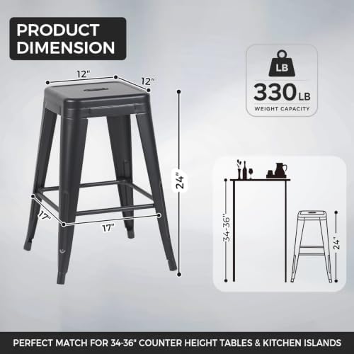24 Inch Matte Black Metal Counter Stools, Set of 6, Backless