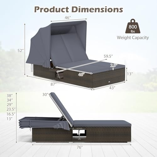 RELAX4LIFE Outdoor Rattan Daybed w/Canopy - Wicker Double Chaise Lounge w/6-P...