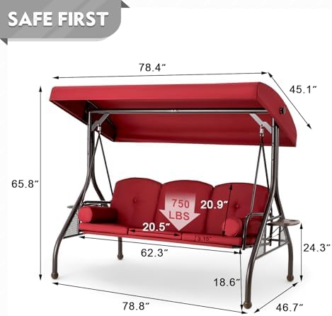 HOMREST 3 Seat Porch Swing with Adjustable Canopy, Patio Swing with Stand