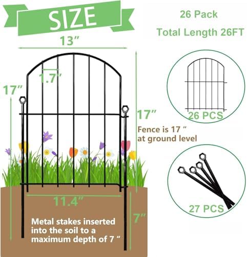 Decorative Garden Fence 17in(H)x13in(W), 26 Pack Rustproof Metal No Dig Fence...
