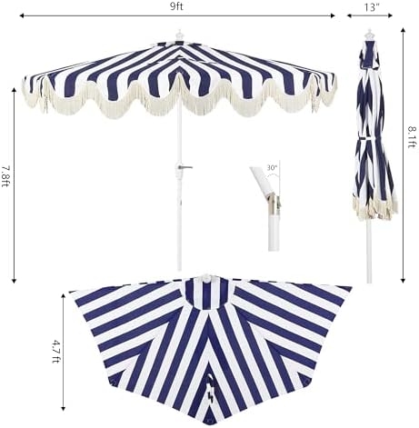 JONATHAN Y Beverly 9 ft. Striped Half Umbrella, Navy/White