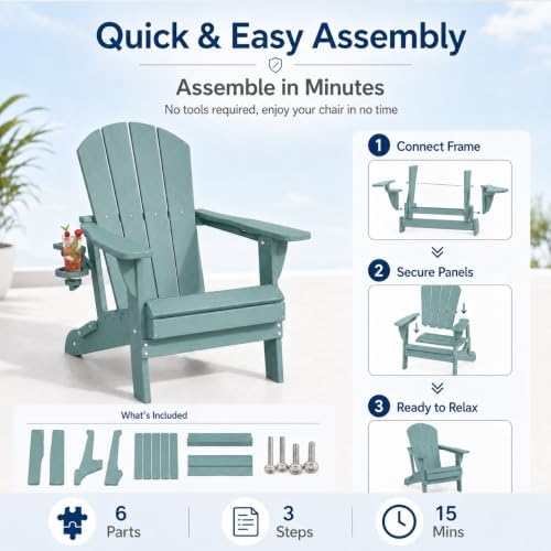Folding Adirondack Chairs Set of 4 with Cup Holders, Heavy-Duty HDPE Plastic ...