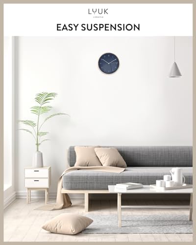 LUUK LIFESTYLE Modern Silent Quartz Wall Clock, 10in, Dark Blue & Gold