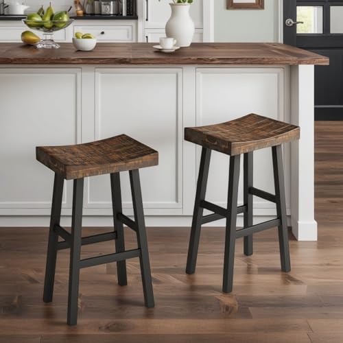 ERGOMASTER Wooden Backless Saddle Barstools Set of 2, 29-inch Bar Height Rust...