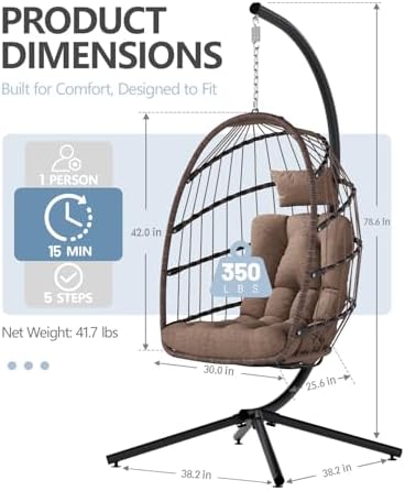 SWITTE Egg Chair Outdoor with Stand, Indoor Wicker Hanging Egg Swing, Brown