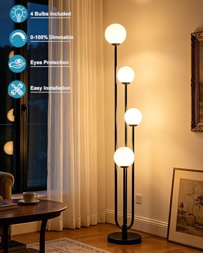 63IN 4-Light Dimmable Floor Lamp, Unique Black Tall Standing Lamps with Globe...