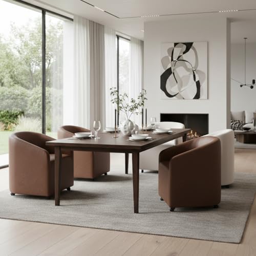 CIMOTA Brown PU Leather Barrel Dining Chairs with Wheels, Set of 6 — Modern U...