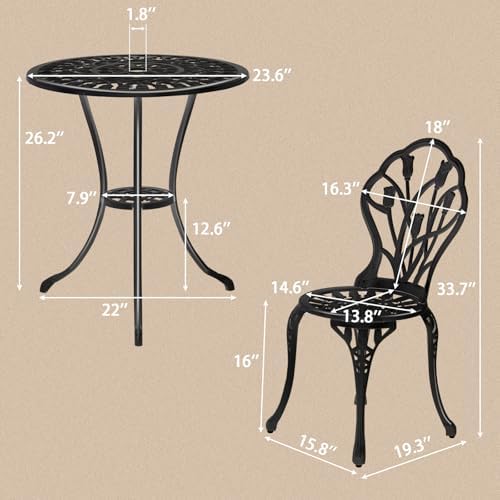VINGLI 3 PCS Outdoor Bistro Set, Outdoor Patio Set, All-Weather Cast Aluminum...