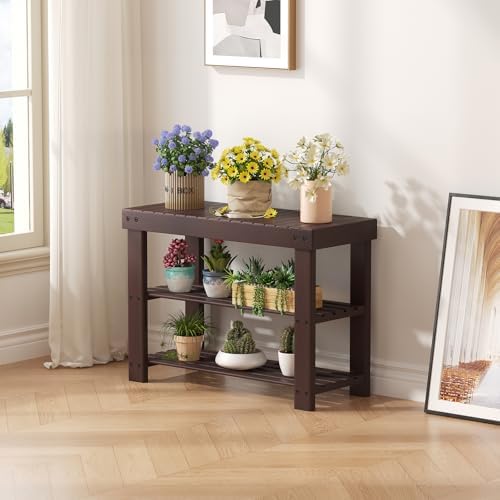 DUMOS Wooden Shoe Rack Bench with Storage, 3-Tier Bamboo Entryway Benches, Sh...