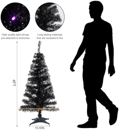 Juegoal Lighted Artificial Halloween Black Christmas Tree, 4FT Black Tinsel P...