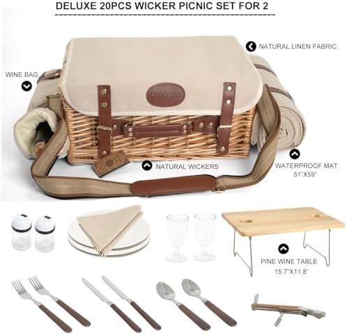 Multifunctional Wicker Picnic Basket Set for 2 with Blanket and Picnic Table,...