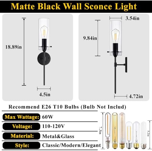 Modern Wall Sconces Set of Two, Black Wall Sconce with Clear Glass Shade, Har...