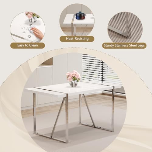 55‘’ White Dining Table Set for 6, Dining Tabletop and Silver Metal Frame, Re...
