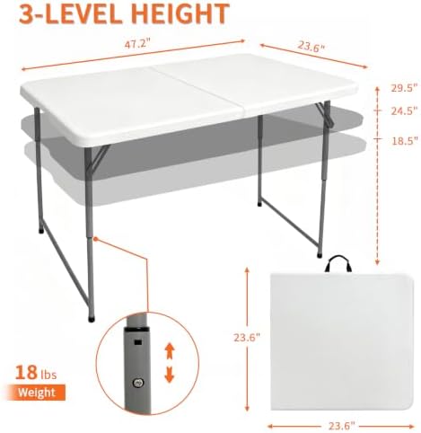 Folding Table 4 Foot, Heavy Duty Adjustable Height Folding Card Table Portabl...