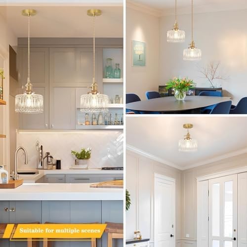 Glass Pendant Light 2 Pack Vintage Brass Hanging Lamp Farmhouse Rustic Indust...