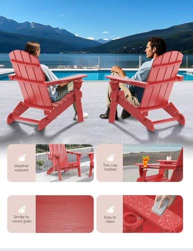 Folding Adirondack Chair, Wooden Textured Plastic Adirondack Chairs with 2 Cu...